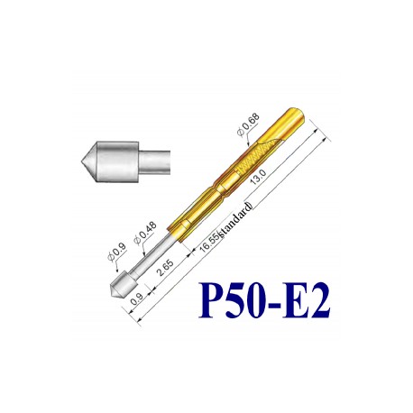 Spyruoklinis testavimo kontaktas P50-E2 (pogo pin d0,68-0,9mm))