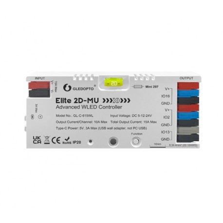GL-C-615WL Gledopto šviesų valdiklis su WiFi (WS2812 moduliams 5V/12V/24V, WLED32, Mic)